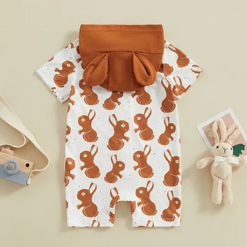Пасхальные наряды для новорожденных мальчиков и девочек, комбинезон с кроликом, комбинезон с капюшоном, Мультяшная одежда для младенцев с коротким рукавом и пуговицами - Изображение 1  