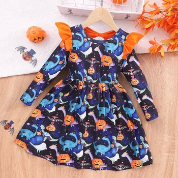 Платье на Хэллоуин для маленьких девочек 2-7 лет, праздничные платья с принтом тыквы с длинным рукавом, детское платье принцессы для косплея, детская одежда - Изображение 1  