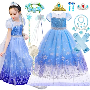 Платье принцессы для девочек, косплей, костюм Эльзы с блестками, Карнавальное платье с принтом Снежной королевы на день рождения, Детская сумка, одежда от 2 до 10 лет - Изображение 1  