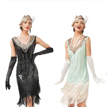 Платье с V-образным воротником и кисточками 1920-х годов, европейский и американский ретро-костюм Гэтсби, бал для латиноамериканских танцев, платье с блестками и бисером - Изображение 1  