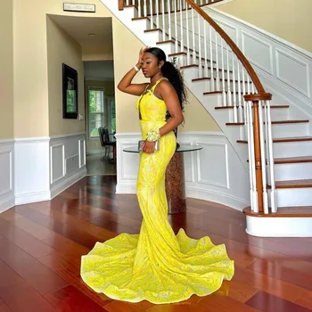 Привлекательные ярко-желтые кружевные длинные платья для выпускного вечера в африканском стиле, сексуальные платья для официальных мероприятий Mermad Aso Ebi - Изображение 1  