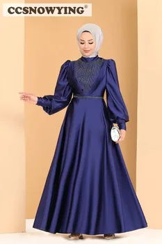 Простые аппликации, расшитые бисером Мусульманские вечерние платья с длинным рукавом, исламские вечерние платья с высоким воротом, женские арабские вечерние платья - Изображение 1  