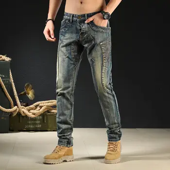 ретро-ностальгические мотоциклетные джинсы, мужские узкие брюки с пуговицами, прямые свободные джинсы tide skinny denim для мужчин - Изображение 1  