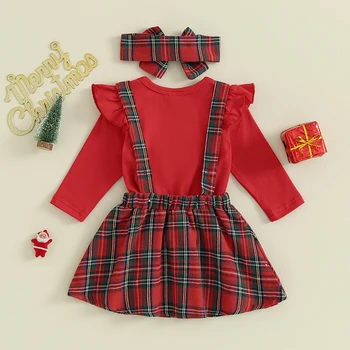 Рождественская юбка для новорожденных девочек, Комплекты из 3 предметов, комбинезон с длинными рукавами и оборками на плечах, рубашка на подтяжках, пледы-пачки с оленями, - Изображение 1  
