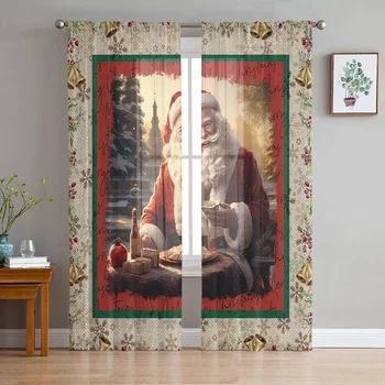 Рождество Санта Клаус Снежинки Тюлевые шторы для гостиной Прозрачная занавеска для спальни Рождественские жалюзи Вуалевые шторы - Изображение 1  