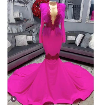 розовые платья для выпускного вечера 2023, глубокий V-образный вырез, кружевные аппликации с длинными рукавами и рюшами, длинные вечерние платья со шлейфом 