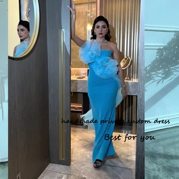 Синие атласные вечерние платья русалки с цветами без бретелек, Арабское платье для выпускного вечера в Дубае длиной до пола, вечерние платья для официальных мероприятий - Изображение 1  