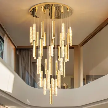 Современная роскошная хрустальная люстра в скандинавском стиле, Золотисто-серебряная светодиодная лампа, Двухуровневая винтовая лестница в здании, Подвесной светильник для столовой - Изображение 1  