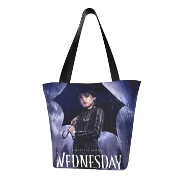 Сумка для покупок из бакалеи Wednesday Addams, холщовая сумка-тоут с принтом, большая вместительная прочная сумка для просмотра комедийных фильмов ужасов - Изображение 1  
