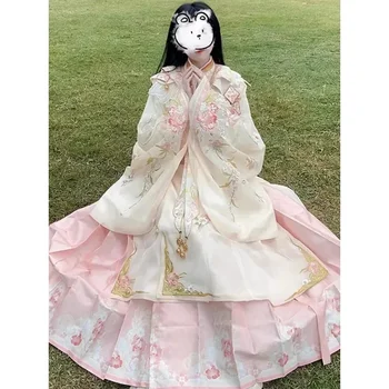 Тяжелая промышленность династии Мин, халат с вышивкой в виде облака, юбка с лошадиной мордой, Розовое платье Hanfu, Женские осенние Элегантные костюмы фей - Изображение 1  