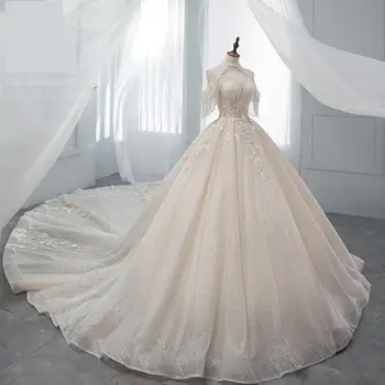 2021 Сексуальное свадебное платье с V-образным вырезом и шлейфом, классическое кружевное бальное платье принцессы с открытыми плечами, роскошное платье для танцев - Изображение 2  