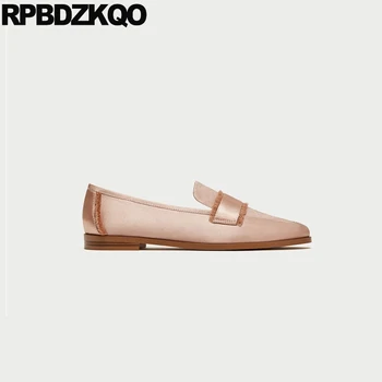 2021 Шелк большого размера, дизайнер 41 плюс, свадебные туфли на плоской подошве в британском стиле, женские модельные туфли, Лоферы с квадратным носком, атласная мода телесного цвета - Изображение 2  