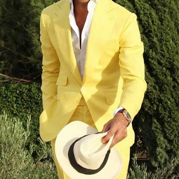 2023 Желтые пляжные мужские костюмы Slim Fit, 2 предмета, смокинг, костюм с отворотом, блейзер с брюками, мужской модный комплект, свадебный жених - Изображение 2  