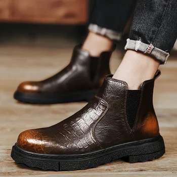 2023 Мужские ботинки, Кожаные повседневные ботинки на платформе, молния, Весенняя мода в британском стиле, Удобная мужская обувь на щиколотке Botas De Hombre - Изображение 2  