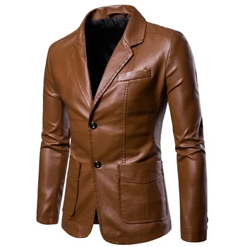 2024 Мужской осенний Новый костюм, кожаная куртка с воротником, пальто, весенний приталенный винтажный наряд Motor Biker PU 4XL-M - Изображение 2  