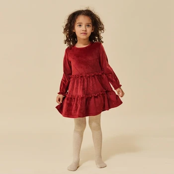 23 Осенне-зимняя новая детская одежда Ks Винно-красное бархатное газовое платье в стиле пэчворк для Рождественской вечеринки, детское кружевное платье - Изображение 2  