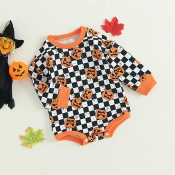 Bmnmsl Детский комбинезон на Хэллоуин с длинным рукавом, боди с принтом тыквы в шахматном порядке, одежда для новорожденных - Изображение 2  