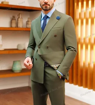 Армейский зеленый мужской деловой костюм, смокинги жениха, свадебная вечеринка, официальный случай, комплект из 2 предметов, куртка и брюки A1 - Изображение 2  