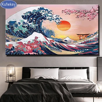 Большая Великая Волна С Закатом Алмазная Живопись Вишневые Цветы Полная Вышивка Бриллиантами Kanagawa Art Cross Stitch Home Decor K125 - Изображение 2  
