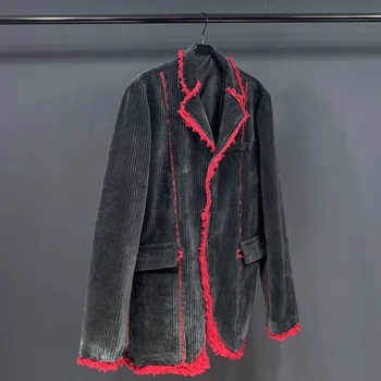 Весенний Вельветовый блейзер с контрастным подолом 2023, пальто, поддельный костюм-двойка, мужская высококачественная куртка оригинального дизайна, Элегантная - Изображение 2  