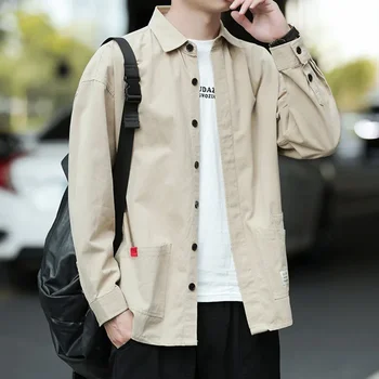 Весенняя мужская рубашка-карго с длинным рукавом, мужская хлопковая рубашка оверсайз, Винтажная Корейская одежда Harajuku, мужская уличная одежда 2024 Q70 - Изображение 2  