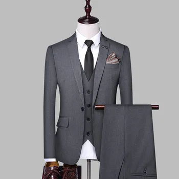 Высококачественные бутик-костюмы из 3 предметов, однотонные модные простые свадебные блейзеры высокого класса на одной пуговице для мужчин (блейзер + жилет + брюки) - Изображение 2  
