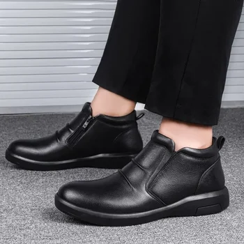 Горячая распродажа 2023 года, мужская обувь, мужские ботинки на молнии, зимние однотонные хлопковые теплые короткие ботинки на низком каблуке - Изображение 2  