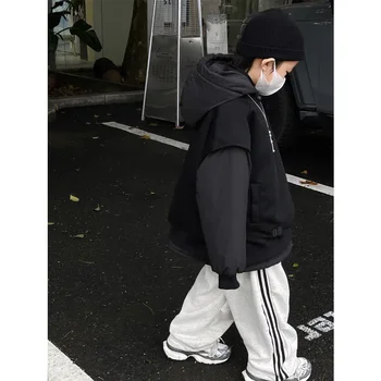 Детская одежда мальчик хлопок-ватник одежда для детей Зима хлопка-ватник одежда в стиле 2023 поддельные из двух стеганых пальто джемпер  - Изображение 2  