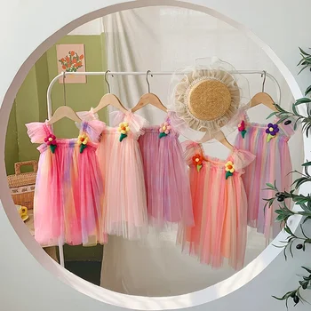 Детская одежда Радужное сетчатое платье для девочек Летняя трехмерная юбка принцессы для девочек в цветочек - Изображение 2  