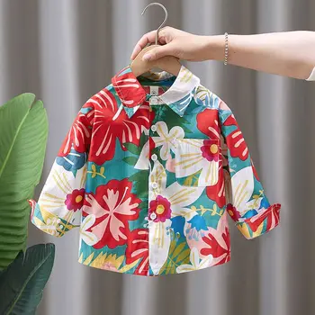 Детская рубашка для мальчиков 2023, весенне-летние топы с длинными рукавами для мальчиков, модная детская хлопковая блузка с цветочным принтом G89 - Изображение 2  