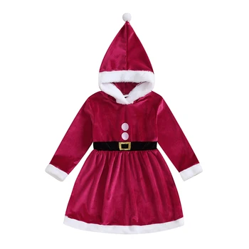Детское платье для девочек, Рождественская одежда, плюшевая отделка, пояс, вышивка на пуговицах, платье с капюшоном и длинными рукавами, праздничное платье принцессы - Изображение 2  