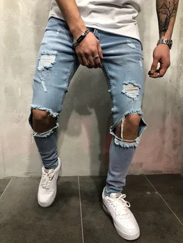 Джинсы для мужчин, Модные обтягивающие рваные джинсовые брюки, байкерские высококачественные мужские облегающие повседневные мужские брюки в стиле хип-хоп для бега трусцой, jean homme - Изображение 2  