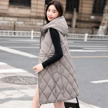Женский жилет без рукавов средней длины, однотонное корейское пальто с капюшоном, свободный женский модный повседневный зимний жилет 2023 года - Изображение 2  