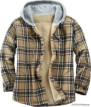 Зимняя мужская куртка, повседневная клетчатая куртка с капюшоном, бархат, Утолщенный Теплый хлопок, Свободная уличная одежда с длинным рукавом, мужские рубашки - Изображение 2  