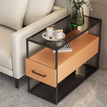 Итальянский легкий роскошный столик с краешком дивана, современная и простая гостиная, небольшой шкафчик сбоку, кожаный столик для хранения краешек - Изображение 2  