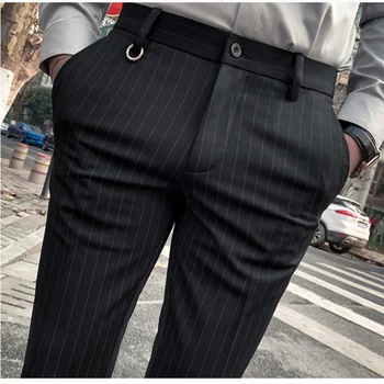 Классические полосатые мужские костюмные брюки, высококачественные Корейские эластичные облегающие модные Деловые повседневные брюки, мужская одежда - Изображение 2  