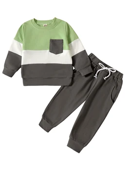 Комплект одежды в стиле пэчворк для мальчика из 2 предметов, толстовка с длинным рукавом, штаны для бега трусцой - стильная осенне-зимняя одежда контрастных цветов - Изображение 2  