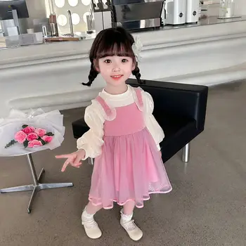 Комплект одежды для девочек, модный универсальный комплект из двух предметов, Корейская версия, милая повседневная одежда для детей, весна-осень 2023 г. - Изображение 2  