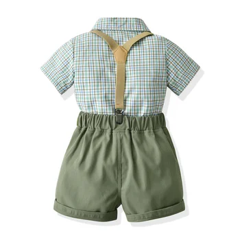 комплекты джентльменской одежды для детей и мальчиков в клетку с коротким рукавом, рубашки с бабочкой + Шорты на подтяжках, Повседневные костюмы для маленьких мальчиков - Изображение 2  