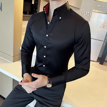Корейская модная декоративная рубашка на пуговицах для мужчин, деловые повседневные вечерние рубашки с длинным рукавом, Приталенная уличная одежда, мужская одежда - Изображение 2  
