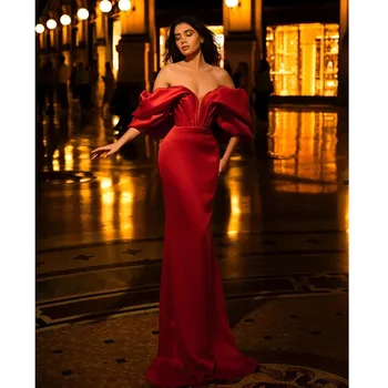 Красное вечернее платье с открытыми плечами, короткий рукав, длина до пола, стреловидный шлейф, атласное платье для женщин для официальных мероприятий, Vestidos para Mujer - Изображение 2  