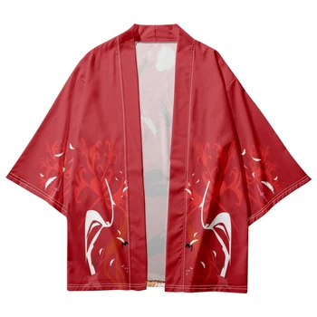 Летнее пляжное Японское красное Кимоно для косплея, рубашка с рукавами 3/4 и принтом в Китайском стиле, женская Мужская одежда Haori Fashion Yukata - Изображение 2  