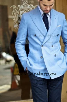 Летние синие костюмы для мужчин, пляжные свадебные, из 2 предметов, приталенный двубортный элегантный блейзер Terno Masculino, повседневная куртка, брюки - Изображение 2  