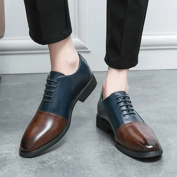 Мужская модельная кожаная обувь На квадратном каблуке, подходящая по цвету Гладкая поверхность, Повседневная Деловая Мужская кожаная обувь для джентльменов, Мужская обувь - Изображение 2  