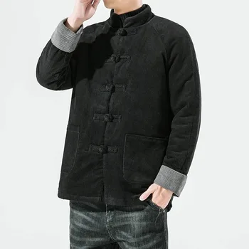Мужская утепленная теплая куртка с хлопчатобумажной подкладкой в китайском стиле, костюм Тан в ретро-китайском стиле, куртка с хлопчатобумажной подкладкой, Вельветовая куртка - Изображение 2  