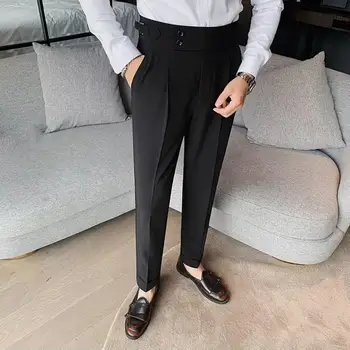 Мужские брюки, классические мужские офисные брюки, приталенный крой, высокая талия, Винтажные карманы для официальных мужских брюк в деловом стиле - Изображение 2  