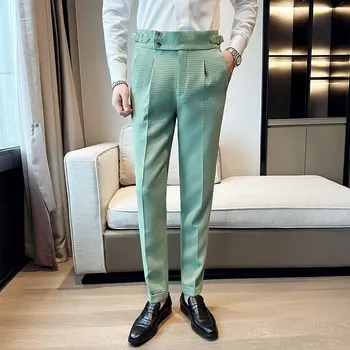 Мужские костюмные брюки с высокой талией 2023, новые Однотонные Вечерние брюки Hombre, повседневные облегающие платья, брюки, мужская одежда - Изображение 2  