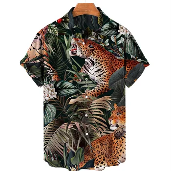Мужские рубашки с изображением животных и леопарда, Гавайские пляжные рубашки с 3D принтом, топы y2k с коротким рукавом, винтажная одежда, блузка с отворотом. - Изображение 2  