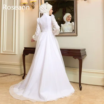 Мусульманское изысканное свадебное платье трапециевидной формы с высоким воротником, Атласная аппликация, ретро-платья для невесты Длиной до пола, свадебное платье robe de mariée - Изображение 2  