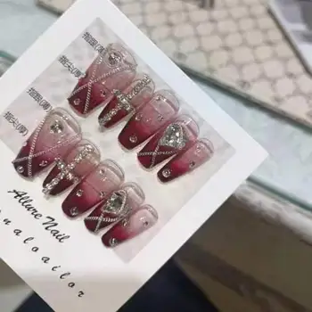 Накладные ногти винно-красного цвета ручной работы с 3D дизайном, Многоразовые искусственные ногти, искусственный нейл-арт для девочек - Изображение 2  